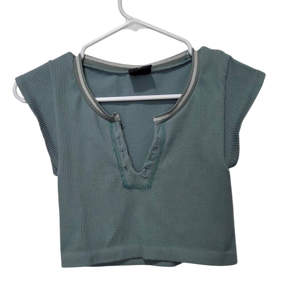 BDG Muted Teal Cap Sleeve Out From Under Ribbed Y2K Lounge Crop Top Size M/L
